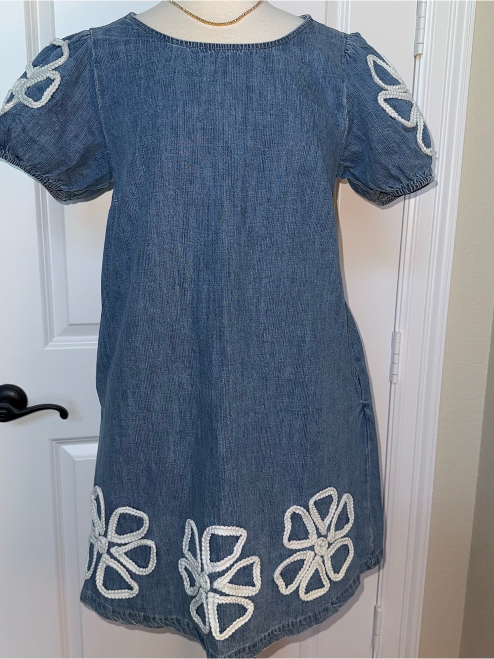 La Lavon Blue Denim Short Sleeve Dress with White Floral Appliqué